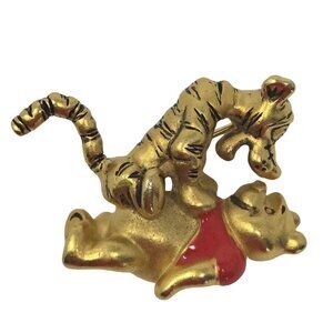 Vintage Disney Winnie the Pooh & Tigger Brooch Gold Tone Enamel Pin Playful Hug